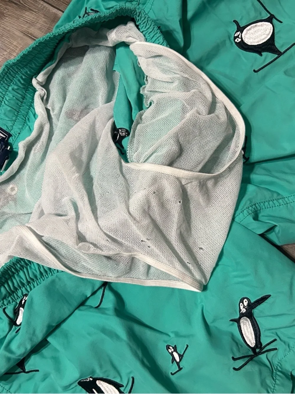 Vilebrequin special edition embroidered penguin Mistral swim trunks teal aqua